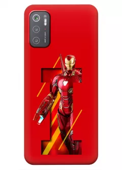 Бампер для Poco M3 Pro 5G из силикона - Железный человек Комикс Марвел Marvel Comics Iron Man Тони Старк стоит за заглавной буквой своего псевдонима красный чехол