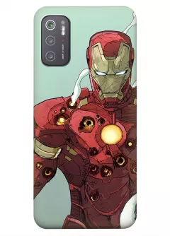 Бампер для Poco M3 Pro 5G из силикона - Железный человек Комикс Марвел Marvel Comics Iron Man расстрелянный костюм Тони Старка после битвы бирюзовый чехол