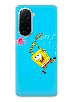 Xiaomi Poco M7 4G чехол SpongeBob SquarePants Губка Боб Квадратные Штаны - бежит в надежде словить медузу
