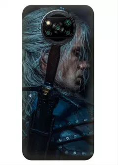 Чехол-накладка для Xiaomi Poco X3 из силикона - Ведьмак сериал Нетфликс The Witcher Netflix Serial Геральт из Ривии Генри Кавилл оглядывается крупным планом