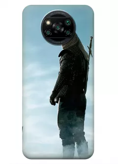 Чехол-накладка для Xiaomi Poco X3 из силикона - Ведьмак сериал Нетфликс The Witcher Netflix Serial Геральт из Ривии Генри Кавилл стоит с мечем в полный рост