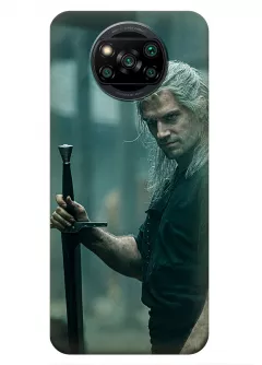 Чехол-накладка для Xiaomi Poco X3 из силикона - Ведьмак сериал Нетфликс The Witcher Netflix Serial Геральт из Ривии Генри Кавилл держит меч наблюдая за происходящем