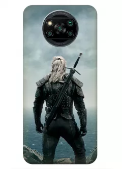 Чехол-накладка для Xiaomi Poco X3 из силикона - Ведьмак сериал Нетфликс The Witcher Netflix Serial Геральт из Ривии Генри Кавилл с мечем вид сзади 