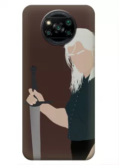 Чехол-накладка для Xiaomi Poco X3 из силикона - Ведьмак сериал Нетфликс The Witcher Netflix Serial Геральт из Ривии Генри Кавилл держит меч крупным планом вектор-арт коричневый чехол