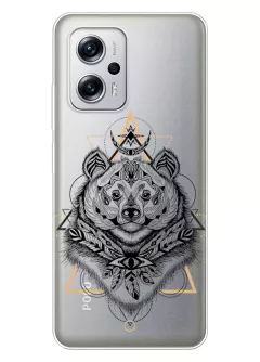 Чехол для Poco X4 GT с прозрачным рисунком из силикона - Медведь индеец