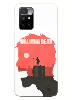 Чехол-накладка для Редми 10 из силикона - Ходячие мертвецы The Walking Dead Рик Граймс стоит прицеливаясь на перевернутом грузовике в силуэте зомби белый чехол