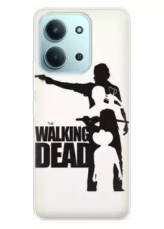 Чехол для Редми 15С 4Дж с принтом Ходячие мертвецы, The Walking Dead название с главными героями в черно-белом стиле