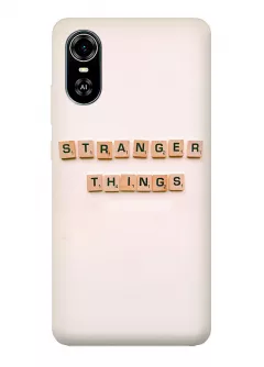 Чехол-накладка для Блейд А31 Плюс из силикона - Очень странные дела Stranger Things название в виде алфавитных игральных кубиков бежевый чехол
