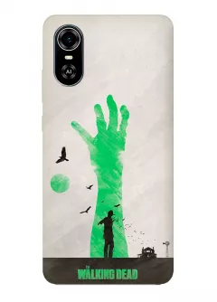 Чехол-накладка для Блейд А31 Плюс из силикона - Ходячие мертвецы The Walking Dead Рик Граймс посреди поля с воронами на фоне зеленой руки зомби серый чехол