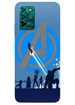 Чехол для ZTE Blade V30 - Мстители, The Avengers стремительный полет Железного человека и команда на фоне логотипа Мстителей вектор-арт 