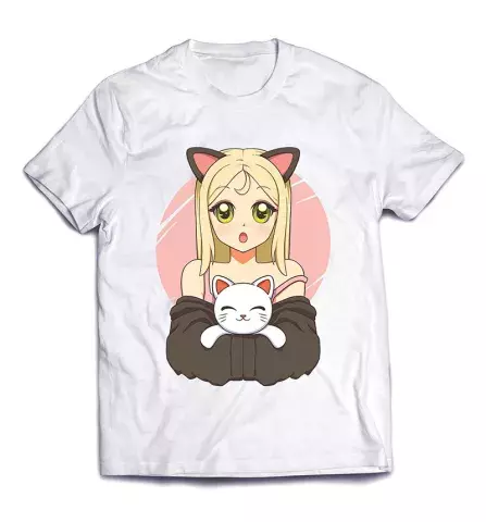 Стильная необыкновенная футболка - Девушка-кошка Kawaii