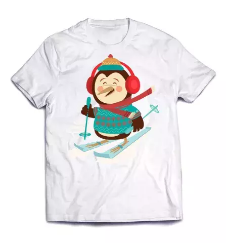 Экстравагантная футболка с необычным принтом - Пингвин на лыжах