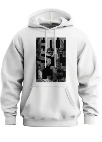 Интересное худи с черно-белым рисунком HUSTLE