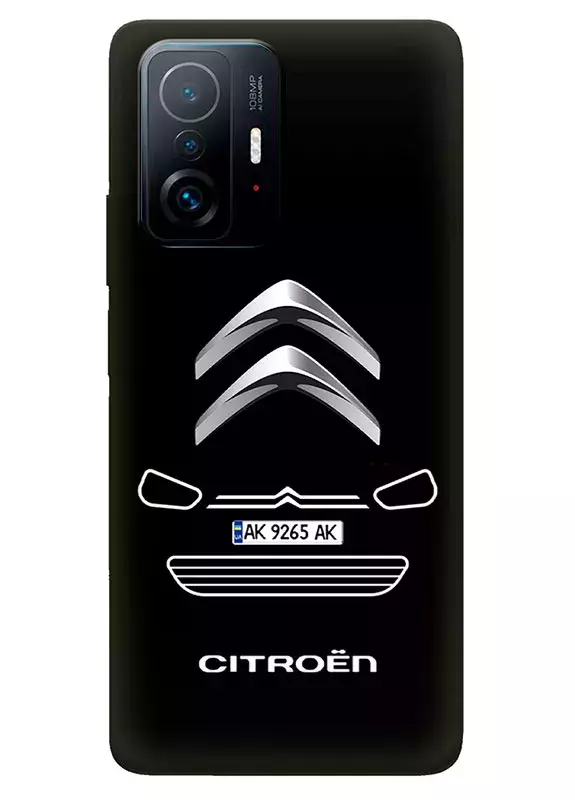 Xiaomi 11T Pro чехол из силикона - Citroen Ситроен логотип и передняя сторона кузова с номерным знаком и с белым названием на черном фоне черный чехол (Чехол 1)