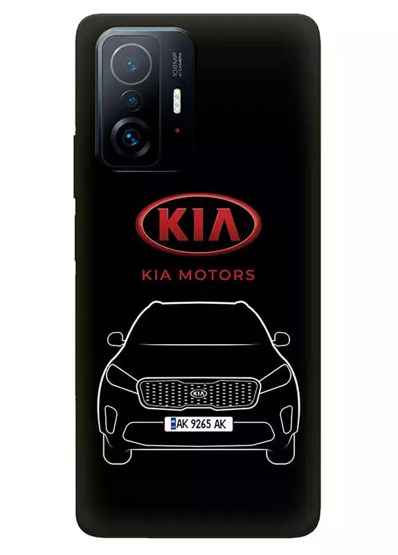 Чехол для Xiaomi 11T Pro из силикона - Kia Киа Кия логотип и автомобиль машина Carnival Mohave Seltos Sorento Xcreed KX7 вектор-арт кроссовер внедорожник с номерным знаком на черном фоне черный чехол