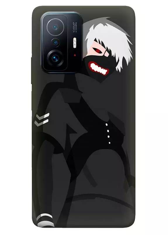 Бампер для Сяоми 11Т Про из силикона - Токийский гуль Tokyo Ghoul Кен Канеки в маске вектор-арт серый чехол