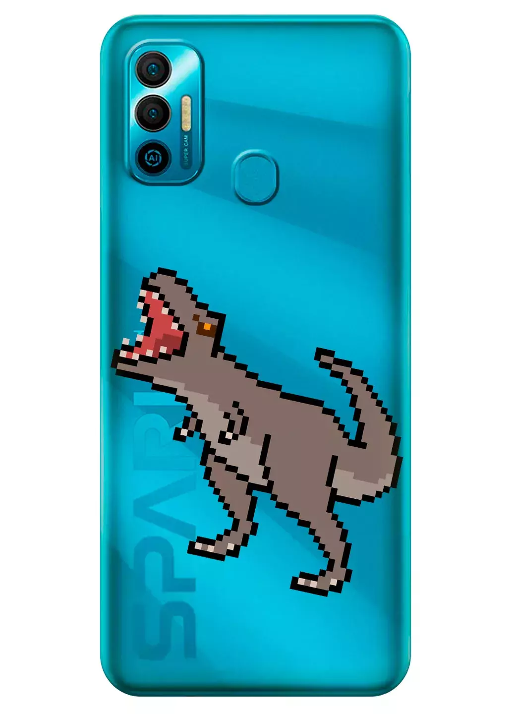 Tecno Spark 7 Go прозрачный силиконовый чехол с принтом - Пиксельный динозавр