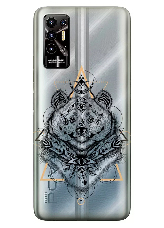 Чехол для Teхно Пова 2 с прозрачным рисунком из силикона - Медведь индеец