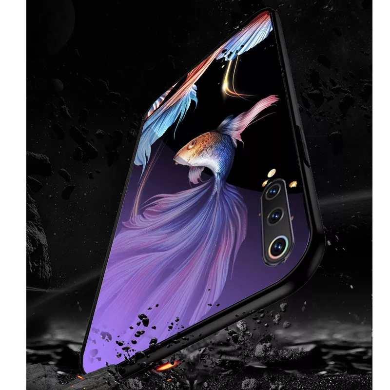 TPU+Glass чехол светящийся в темноте для Xiaomi Mi 9 Pro, Рыбка / Фиолетовый