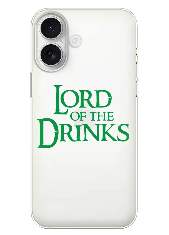 iPhone 17 прикольный прозрачный силиконовый чехол с надписью Lord of the Drinks