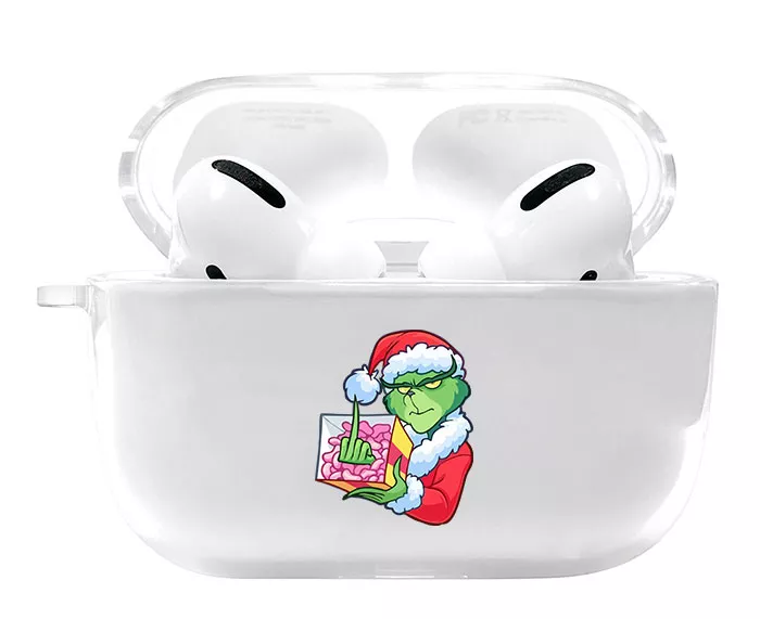 Прозрачный чехол для Airpods Pro на Новый Год - Гринч с подарком