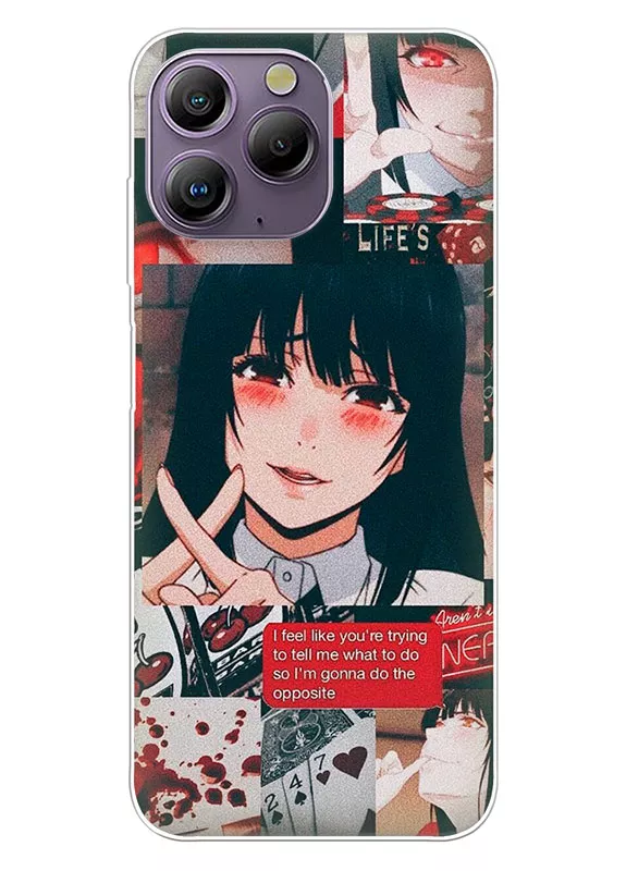 Blackview A96 чехол - Безумный азарт Маньяк азартных игр Какэгуруи Kakegurui Compulsive Gambler Юмэко Джабами скрещивает пальцы на фоне коллажа