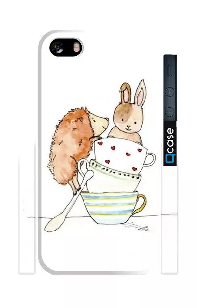 Чехол для iPhone 5, 5s c чашечками и ежиком с зайцем - Чаепитие | Qcase