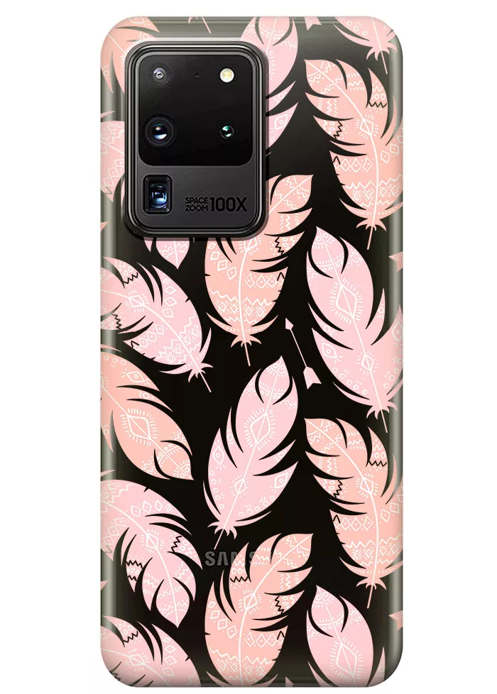 Прозрачный чехол для Galaxy S20 Ultra - Розовые перья