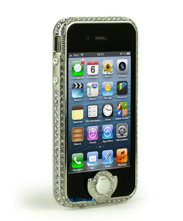 Бампер с кнопкой в стразах на iPhone 4/4S, серебряный