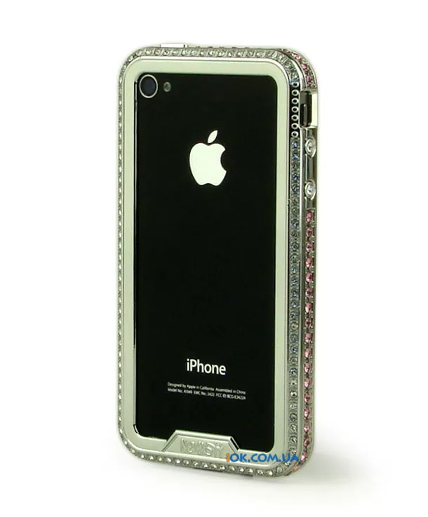Бампер с кнопкой в розовых стразах на iPhone 4/4S, серебряный