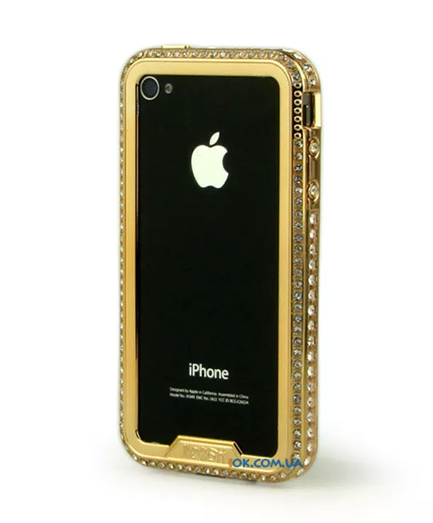 Бампер с кнопкой в стразах на iPhone 4/4S, золотой
