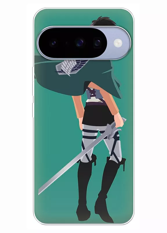 Google Pixel 10 чехол - Атака на титанов Attack on Titan Леви Аккерман с мечем взгляд назад вектор-арт