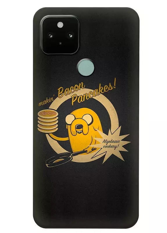 Чехол для Google Pixel 5 - Время приключений Джейк жарит блины Makin Bacon Pancakes на черном фоне