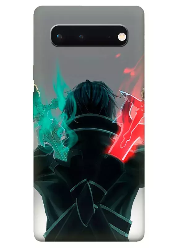 Pixel 6A чехол - Мастера Меча Онлайн, SAO, Кирито с двумя магическими мечами крупным планом 