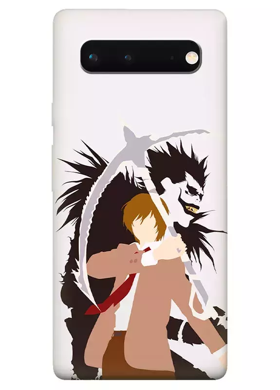 Бампер для Pixel 6A - Тетрадь смерти Death Note Лайт Ягами с серпом и богом смерти Рюком вектор-арт 