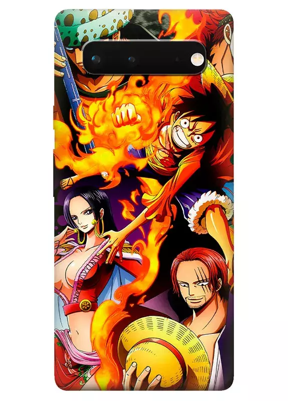 Google Pixel 6A чехол - Ван-Пис One Piece атакующий Луффи Шанкс и Нико Робин