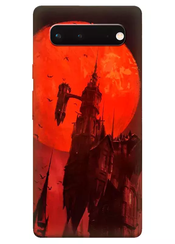 Чехол для Google Pixel 6A - Кастлвания Castlevania замок Дракулы в красном свете луны 
