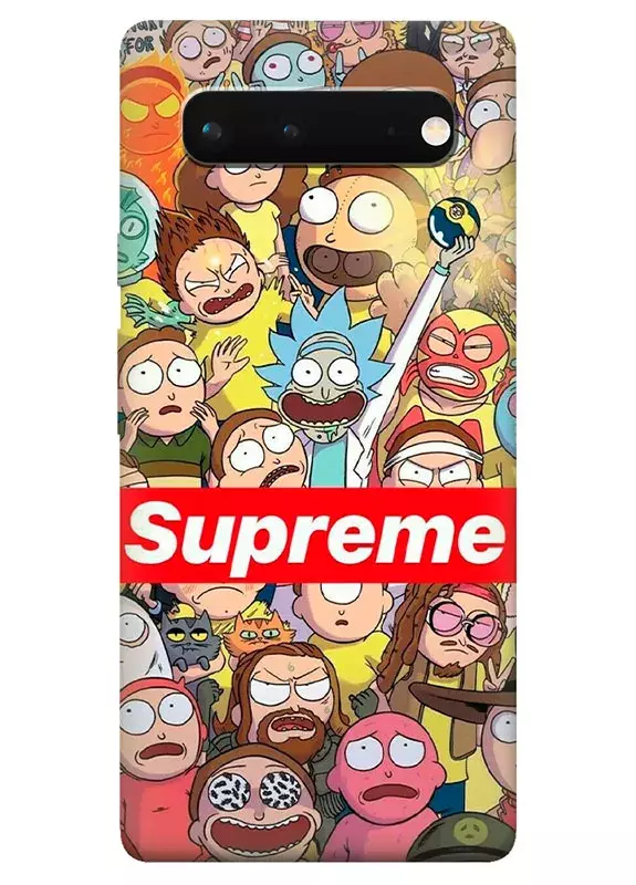 Чехол для Pixel 6A из силикона - Rick and Morty Рик и Морти Supreme все герои мультсериала