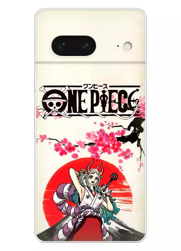 Google Pixel 7 чехол - Ван-Пис One Piece название и Ямато на фоне красного солнца 