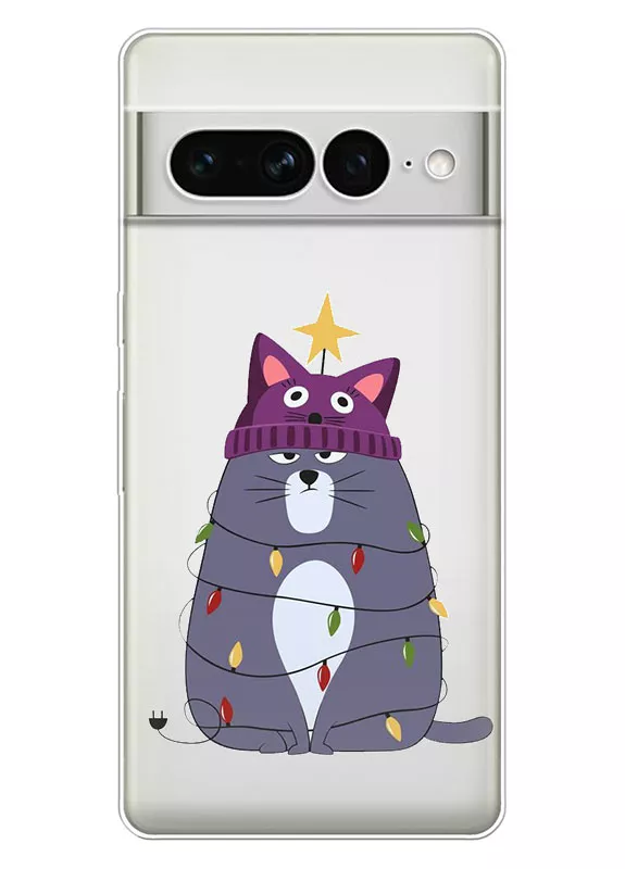 Pixel 7 Pro прозрачный чехол из силикона - Кот новогодняя елка
