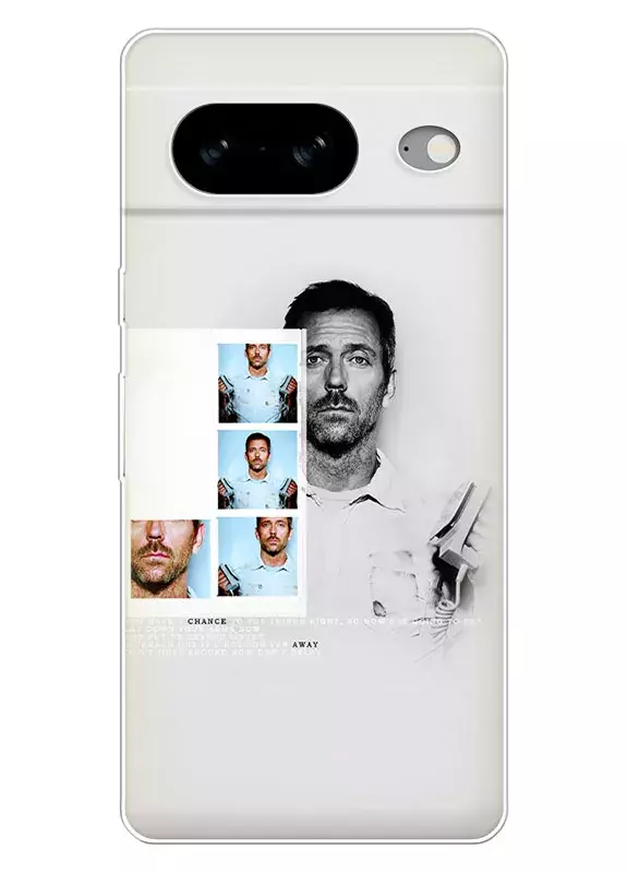 Чехол для Google Pixel 8 - Доктор Хаус House M.D. главный герой в черно-белом стиле крупным планом с фотографиями