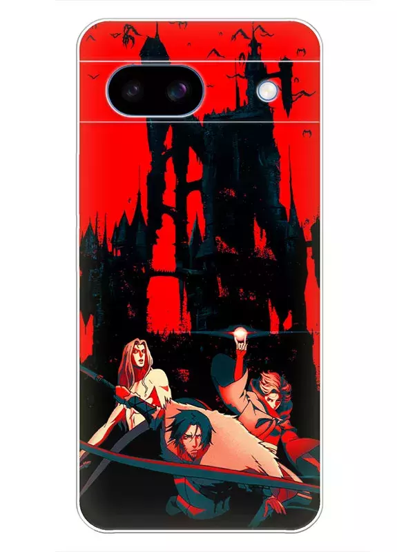 Чехол для Google Pixel 8A - Кастлвания Castlevania Тревор Белмонт Алукард и Сифа Белнадес на фоне замка Дракулы