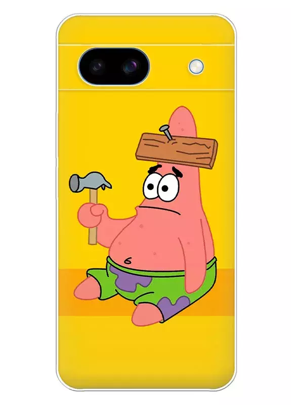 Google Pixel 8A чехол из силикона - SpongeBob SquarePants Губка Боб Квадратные Штаны озадаченный Патрик Стар сидит с молотком