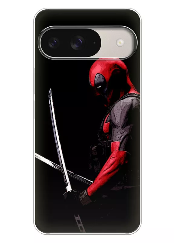 Чехол для Google Pixel 9 - Дэдпул, Deadpool Уэйд Уилсон с двумя мечами в тени готовится к атаке