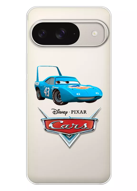 Чехол на Google Pixel 9 - Тачки лого Disney Pixar и тачка Кинг, прозрачный чехол