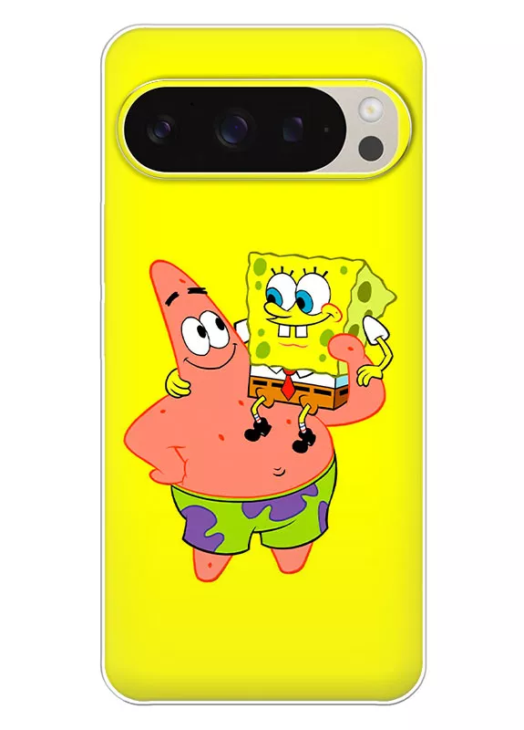 Google Pixel 9 Pro чехол из силикона - SpongeBob SquarePants Губка Боб Квадратные Штаны на плече Патрика Стара
