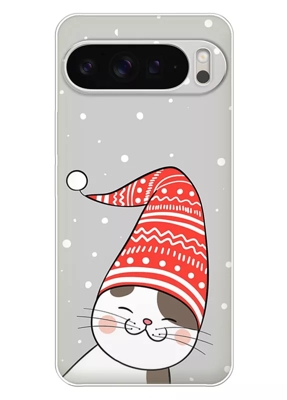 Чехол для Pixel 9 Pro XL - Котик в новогодней шапке