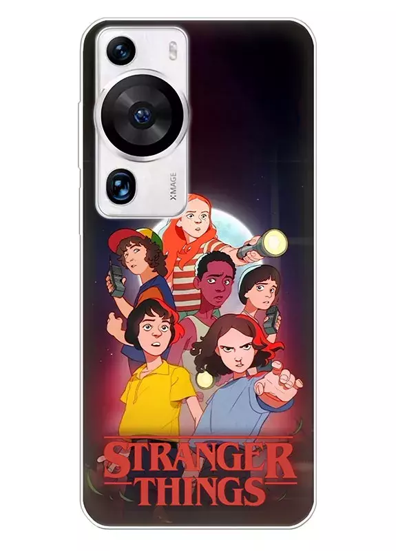 Бампер для Huawei P60 - Очень странные дела Stranger Things постер с Одиннадцать Милли Бобби Браун и главными героями в мультяшном стиле