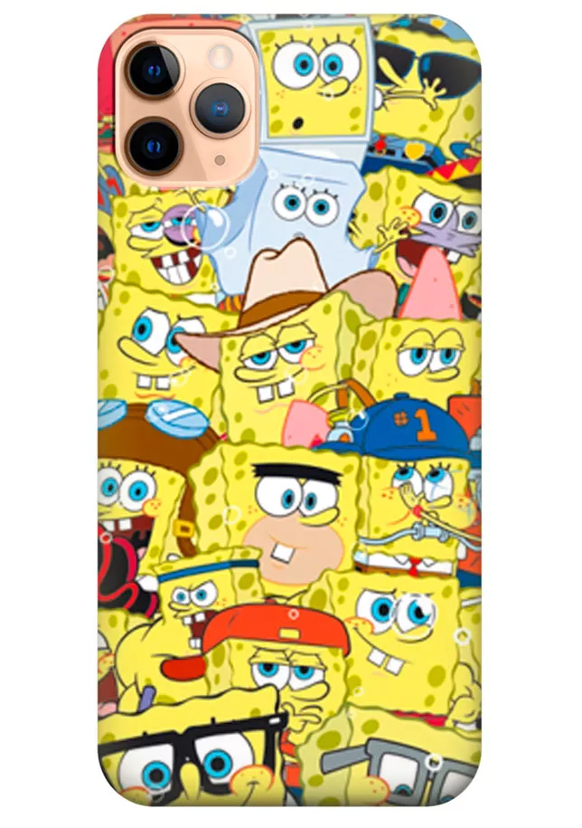 iPhone 11 Pro Max чехол из силикона - SpongeBob SquarePants Губка Боб Квадратные Штаны коллаж из разных образов (Чехол 2)
