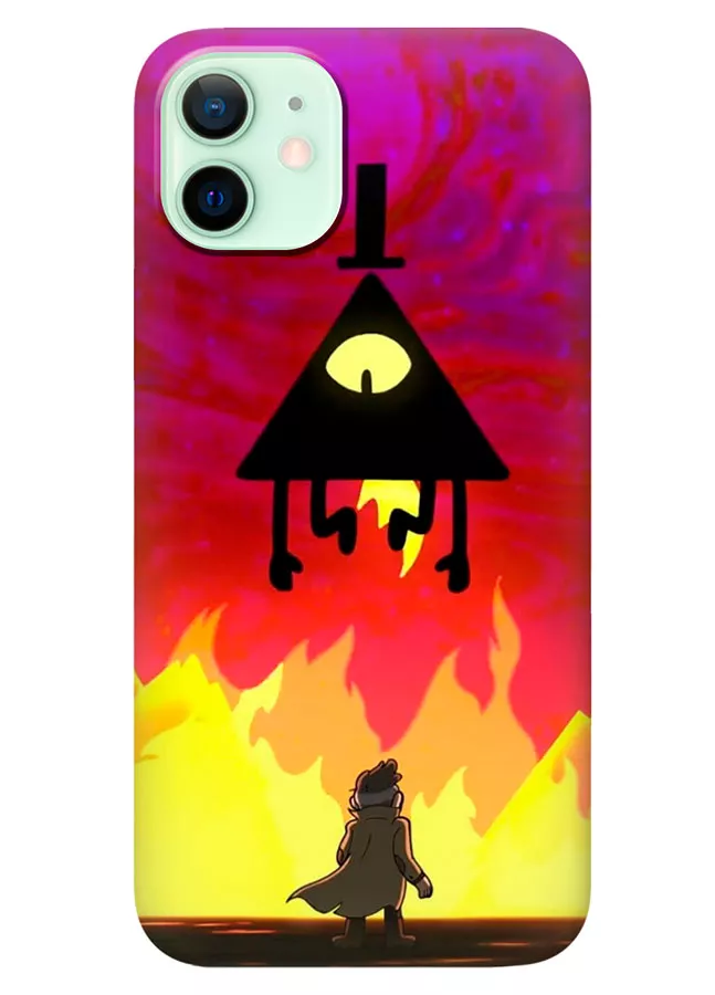 Чехол для Айфон 12 из силикона - Gravity Falls Гравити Фолз Bill Cipher против Форда Пайнса на фоне пожара